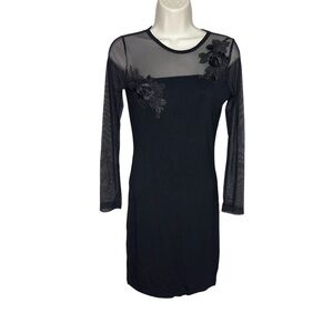 Wishful Park Elegant Black Semi Sheer Long Sleeve Floral Embroidery Dress Size S